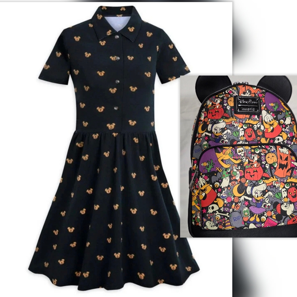 DISNEY HALLOWEEN SET LOUNGEFLY BACKPACK AND CAKEWORTHY MICKEY PUMPKIN DRESS